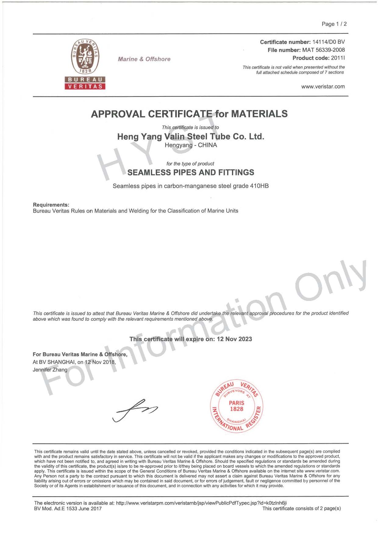 BV Certificate for 410HB Steel Pipes