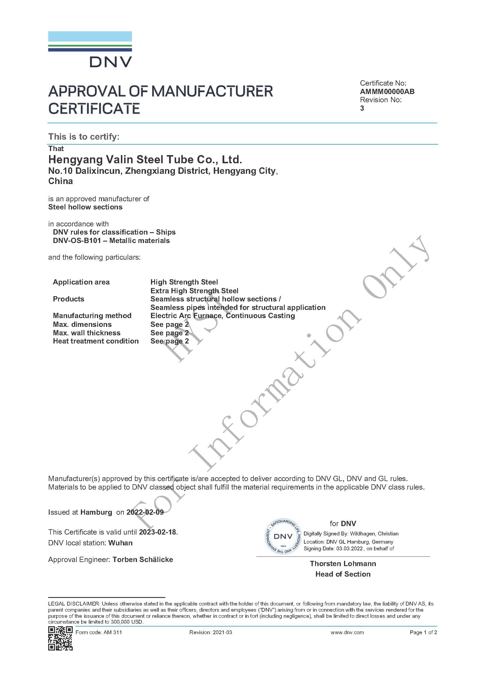 DNV  Certificate for Structural Steel Pipes